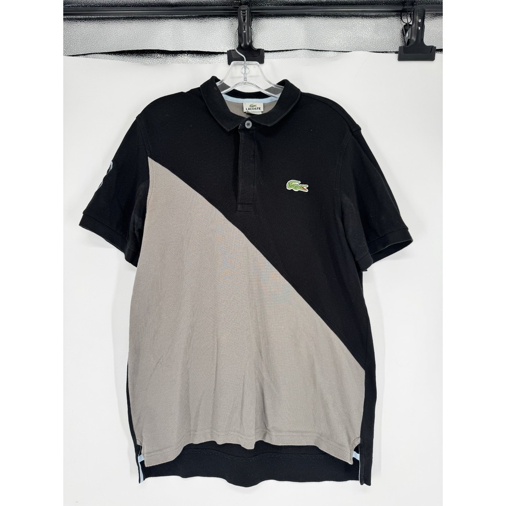 Lacoste Polo Shirt Mens Size 5 Large Black Grey Colorblock Short Sleeve Rugby